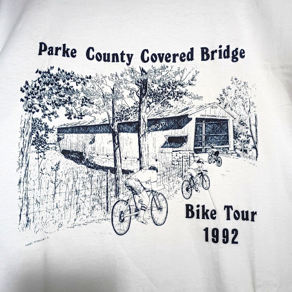 Vintage 1992 Jerzeez Graphic T Shirt Parke County Covered Bridge Bike Tour XL